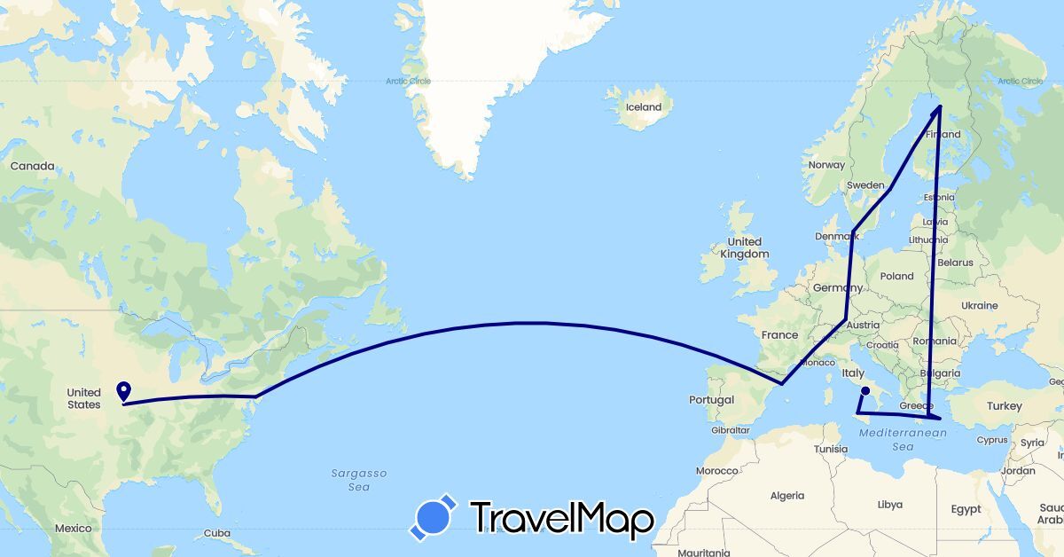 TravelMap itinerary: driving in Germany, Denmark, Spain, Finland, Greece, Italy, Sweden, United States (Europe, North America)